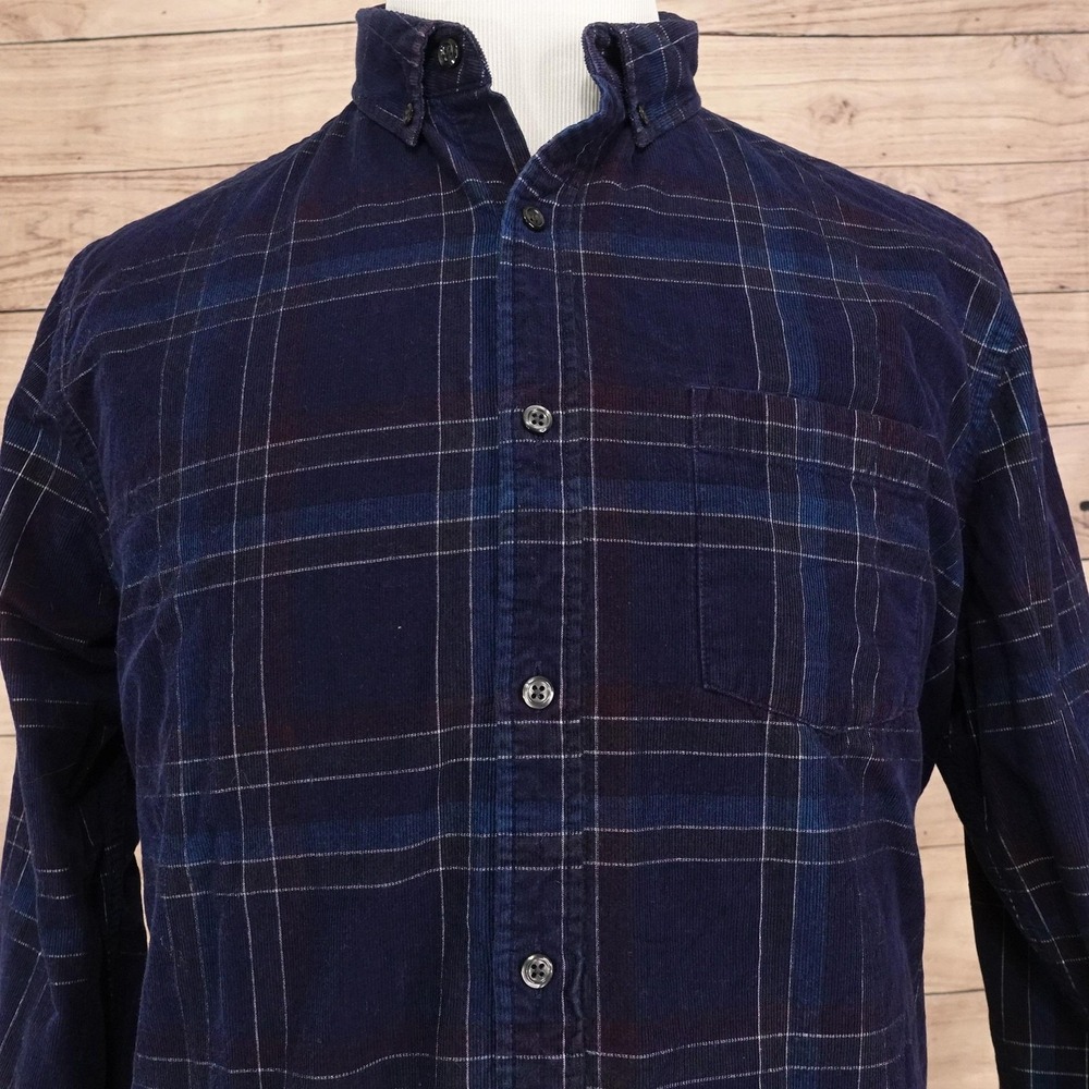 Express Shirt Mens XL Blue Plaid Long Sleeve Button-Up Corduroy Slim Soft Wash